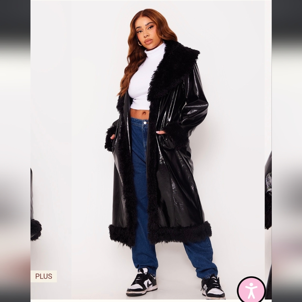 PrettyLittleThing Plus Faux Fur and Vinyl Maxi Coat